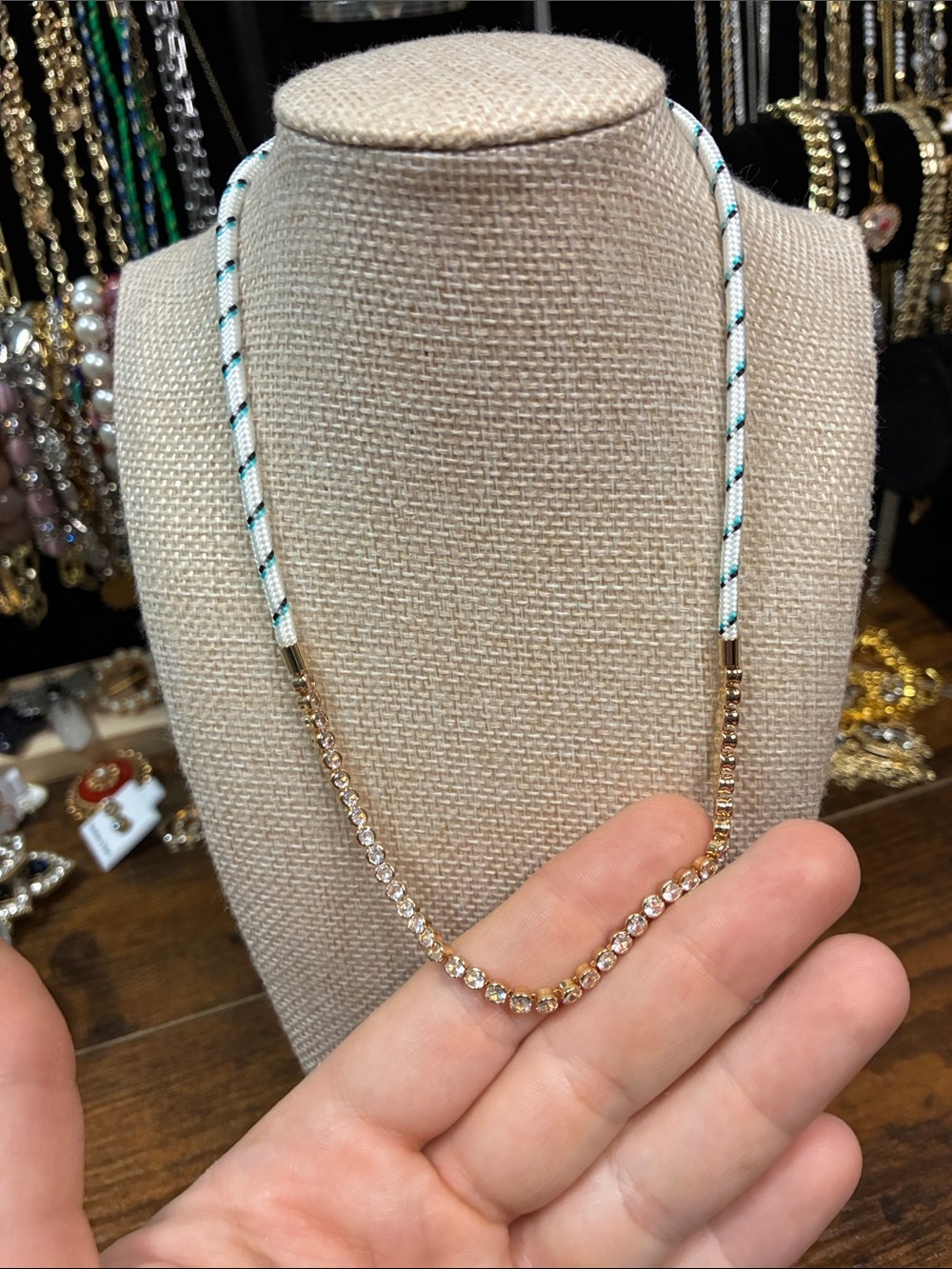 Rhinestone Tennis Necklace with White Braided Cord